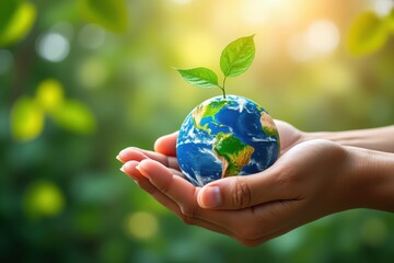 Hands holding a small earth with a plant growing, symbolizing environmental care