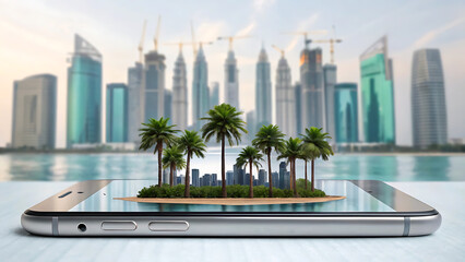 Fototapeta premium Dubai skyline on smartphone screen with tropical island