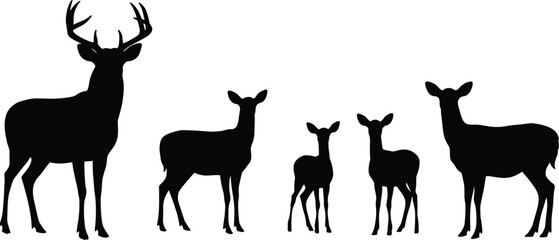 Deer family silhouette illustration, stag with antlers, does and fawns standing, wildlife animal group, forest nature scene, wild mammal herd, peaceful woodland wildlife art.

