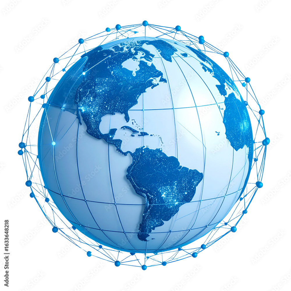 Poster 3d globe icon with digital wireframe and connected dots, tech network style, transparent background 