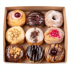 A delightful assortment of nine various donuts in a box. These sweet treats are arranged neatly, offering a visually appealing display