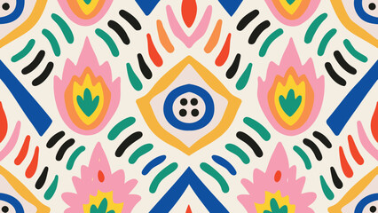 Colorful geometric pattern with floral and eye like shapes in a symmetrical arrangement design style