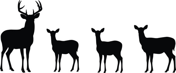 Naklejka premium Deer family silhouette illustration, stag with antlers, female and young deer, wildlife animal art, nature concept, forest life symbol, wild mammals in group scene.Art & Illustration