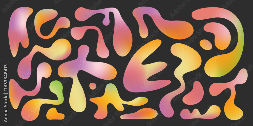 Poster vibrant funky blobs with liquid gradient shape designs, flowing forms and smooth transitions for mod