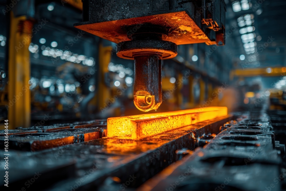 Poster high tech factory showcasing the annealing process with glowing metal bars being processed under int