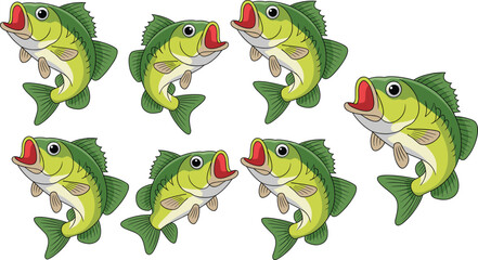 Cartoon green fish vector set with open mouth, swimming and turning poses, detailed scales and fins, isolated on white background