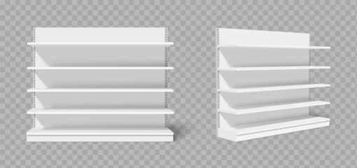 Empty white store shelves with metal brackets for supermarket or retail display - front and side view with multiple levels. Clean modern storage furniture for products and merchandise arrangement.