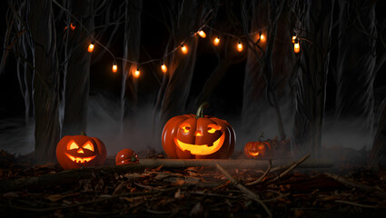Glowing Jackolanterns in a Dark Forest with String Lights and Fog Halloween pumpkin