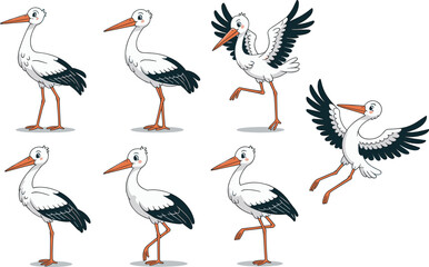 Cartoon stork bird vector illustration set with cute poses, white feathers, long beak, flying and standing, isolated on white background
