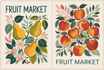 Fruit market retro posters with apple, pear fruits. Kitchen wall art. Colorful vector illustrations
