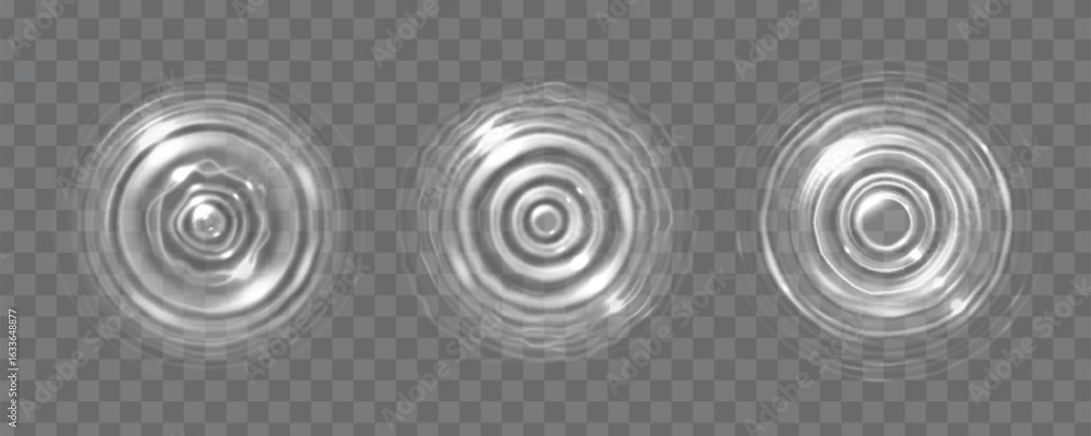 Poster water ripple rings from drop impact creating circular waves on transparent surface. concentric circl