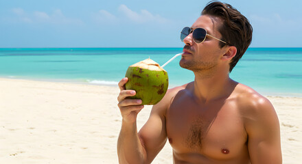 Handsome man drinking fresh coconut water on a tropical beach