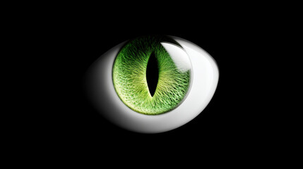 Cat's Eye, A 3D minimalist, stylized cat's eye. The iris is a vibrant green with a vertical pupil. The style is minimalist and mysterious. Isolated on a pure black background. 