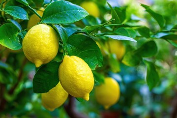 Lush green lemon tree bears ripe lemons in a vibrant garden setting during warm afternoon sunlight