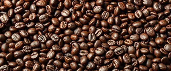 Fototapeta premium Dark, glistening roasted coffee beans fill the frame, product, dark roast