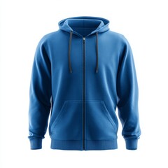 A blue hoodie with zipper. The hoodie is displayed against a plain backdrop. The garment features a hood and a front zipper