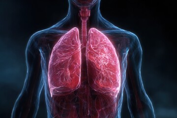 Detailed anatomical x-ray of the human respiratory system highlighting the lungs with intricate vascular structures