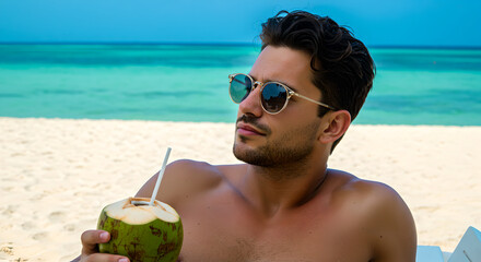 Handsome man drinking fresh coconut water on a tropical beach