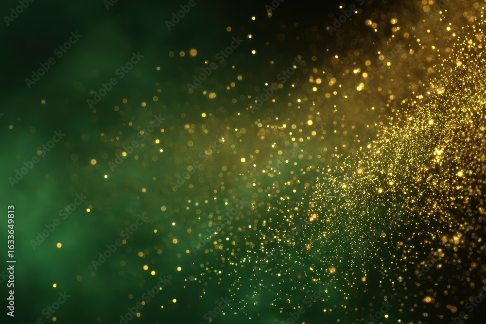 Poster gold dust particles shimmering in the air create a mesmerizing effect against a dark green backgroun