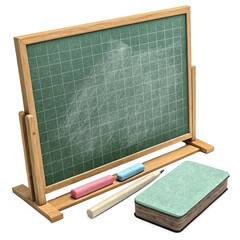 Ready for learning, this classic blackboard setup with chalk and a notebook sparks educational inspiration.