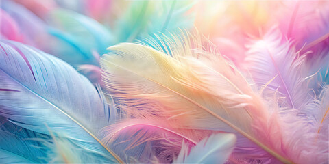 Obraz premium Feathers in shades of pink, blue, and yellow lie together, forming a gentle, whimsical backdrop. The soft colors blend harmoniously, evoking a light and airy atmosphere