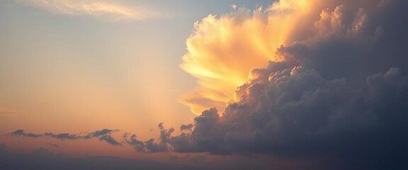 Fototapeta premium Evening twilight sky, soft orange-gold clouds, sunlight, blue backdrop, high-resolution landscape, soft, sunlight