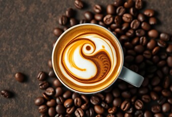 Espresso with yin yang foam art on coffee beans,  roasted,  yin yang