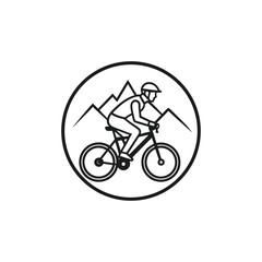Naklejka premium Cyclist on a bicycle with mountains in the background. Vector line art logo for outdoor adventure sport. 