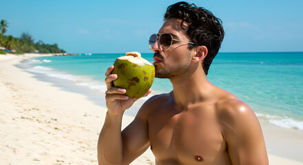Handsome man drinking fresh coconut water on a tropical beach