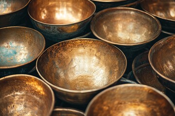 Many antique-looking copper bowls stacked closely together