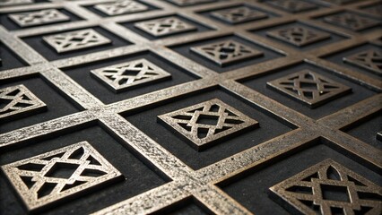 Elegant Bronze Metalwork: Intricate Square Pattern, Dark Background, Luxury Texture