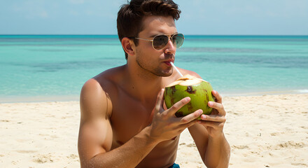 Handsome man drinking fresh coconut water on a tropical beach