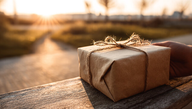 A hand carefully places a wrapped gift box with string and bow on a wooden table outdoors at sunset, creating a warm and inviting scene