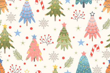 christmas seamless pattern with christmas trees stars and snowflakes	