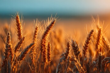 Fototapeta premium Golden wheat field basking in the warm glow of sunset highlights the beauty of farming during harvest season in rural agriculture