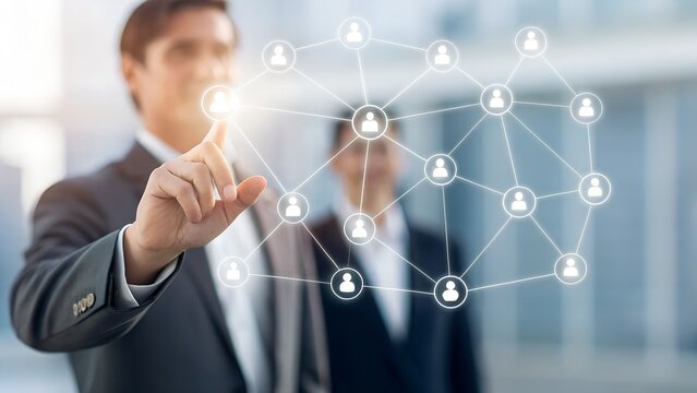 Business Networking Concept – Connectivity, Collaboration, and Social Structure Symbolism, Abstract, Corporate, Professionals Interacting with Person Icon Network Diagram