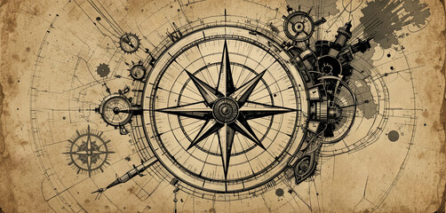 Naklejka premium An elaborate compass design interwoven with mechanical gears is displayed on a textured vintage paper background, showcasing artistic details and precision