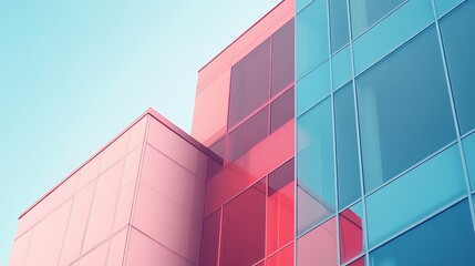 Modern building facade with pink and blue glass panels against a light sky
