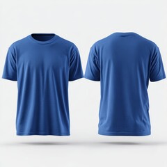 A blue t-shirt with front and back views displayed against a backdrop