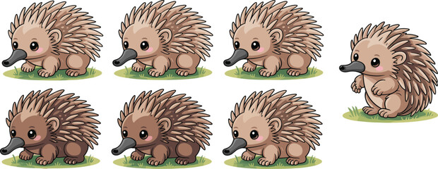 Set of cute cartoon echidna characters, baby spiky animal illustration, vector wildlife art, adorable mammal collection on white background
