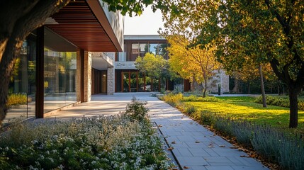 Modern home exterior with patio and trees. Sunlight streams through the glass of a contemporary house