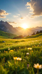 Stunning sunrise illuminates picturesque mountain landscape, with vibrant flowers blooming foreground, creating serene