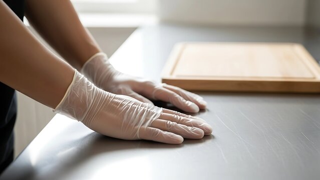 Hands wearing disposable gloves in a clean kitchen, emphasizing hygiene and safety during food preparation.
