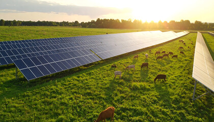 Solar power installation in green field with grazing cows under sunset sky creates serene and sustainable landscape