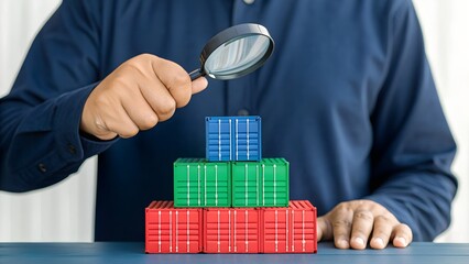 Structural Container Analysis Concept – Evaluation, Organization, and Hierarchical Insight, Abstract, Business, Person Examining Pyramid of Colorful Blocks with Magnifying Glass