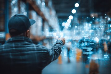 Man interacts with futuristic digital technology in a modern warehouse environment while utilizing advanced data visualization tools