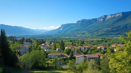 Naklejka premium Panoramic view of a village nestled in a valley, surrounded by mountains and lush greenery