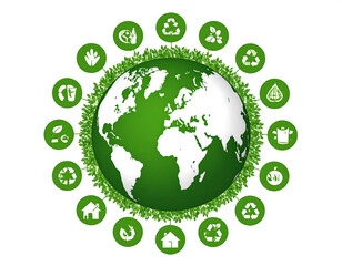 Green globe surrounded by eco friendly icons representing sustainability and environmental protection