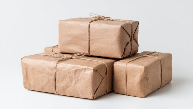 Stacked brown paper packages tied with twine
