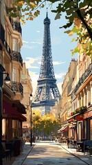 Parisian street scene with Eiffel Tower